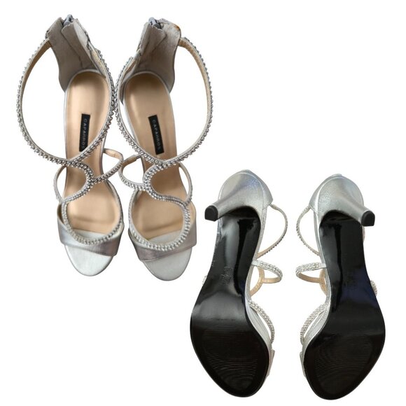 Caparros Silver Rhinestone Party Heels Women’s 8.5 Open Toe 4” Dressy NIB - Picture 2 of 8